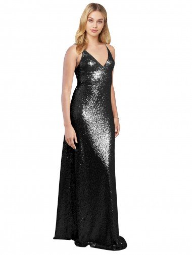 Cheap Full Length A-Line Formal Sequin Bridesmaid Dress / Prom Dress with Spaghetti Straps V-Neckline Sydney