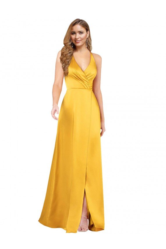 Cheap Halter A-Line Formal Silky Satin Bridesmaid Dress / Prom Dress with V-Neckline and Slit Sydney