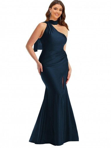 Cheap Scarf Neck One Shoulder Formal Silky Satin Mermaid Bridesmaid Dress / Prom Dress with Front Slit Sydney