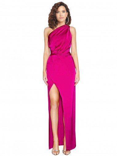 Cheap One Shoulder Long Full Length Formal Silky Satin Bridesmaid Dress / Prom Dress with Front Side Split Sydney