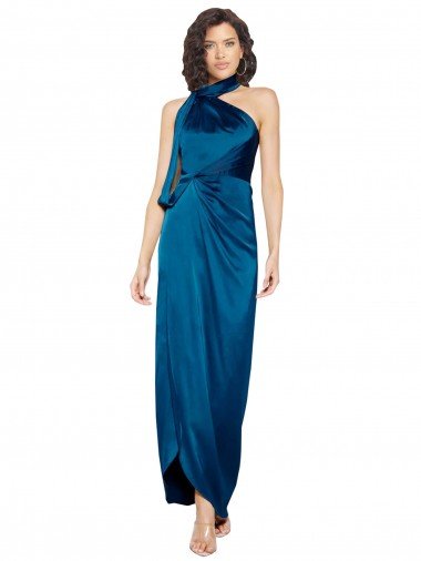 Cheap High Halter Neck Formal Silky Satin Bridesmaid Dress / Prom Dress with Sash Overlay and Side Split Sydney