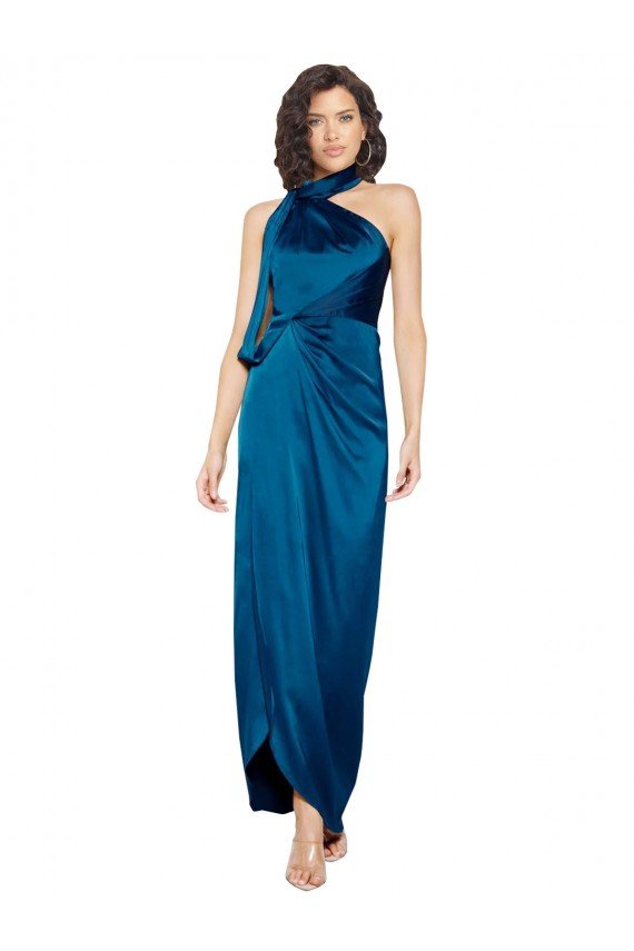 Cheap High Halter Neck Formal Silky Satin Bridesmaid Dress / Prom Dress with Sash Overlay and Side Split Sydney