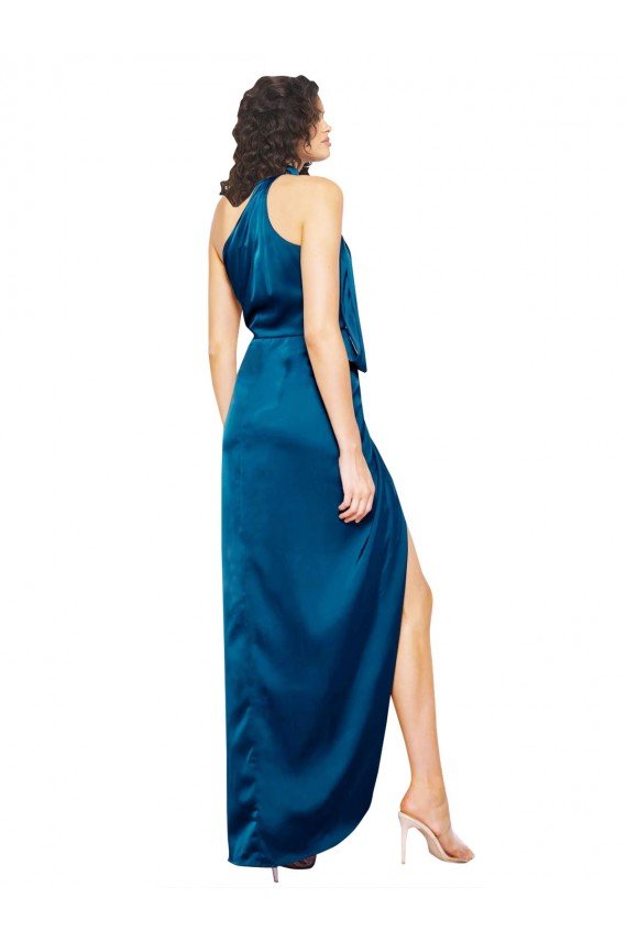 Cheap High Halter Neck Formal Silky Satin Bridesmaid Dress / Prom Dress with Sash Overlay and Side Split Sydney