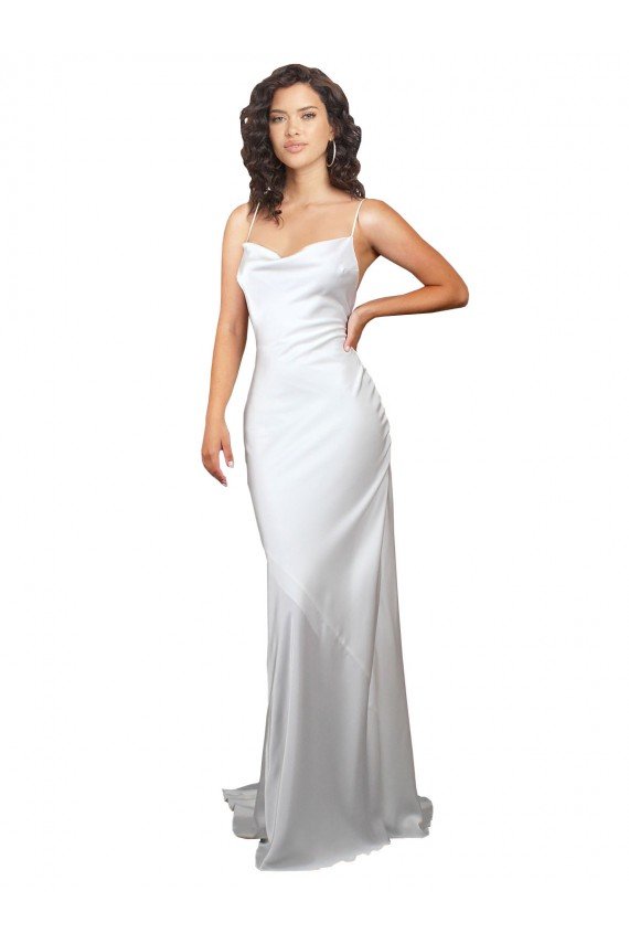 Cheap Simple Sweep Train Low Back Tie Cowl Neck Long Silky Satin Beach Wedding Dress Sydney