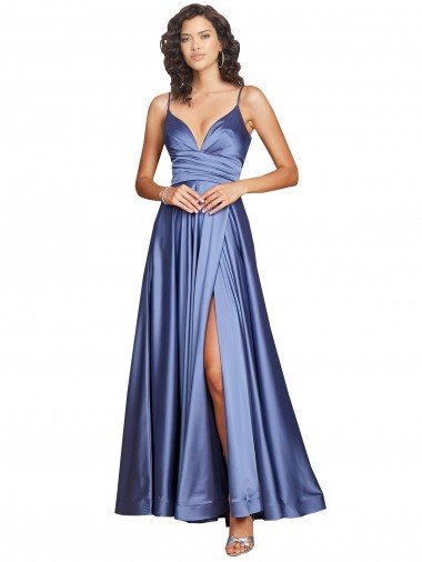 Cheap Deep V-Neck Sweetheart Long Formal Silky Satin Bridesmaid Dress / Prom Dress with Thigh High Slit Sydney