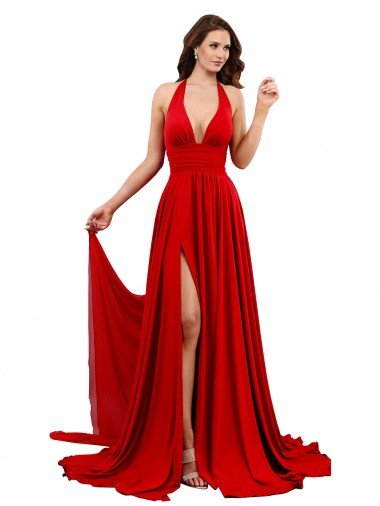 Cheap High Slit A-Line Halter Long Formal Spandex Bridesmaid Dress / Prom Dress Open Back Sydney