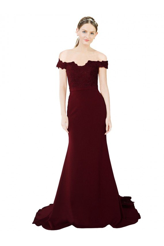 Cheap Full Length Off the Shoulder Formal Crepe Bridesmaid Dress / Prom Dress with Lace On Bodice and Back Sydney