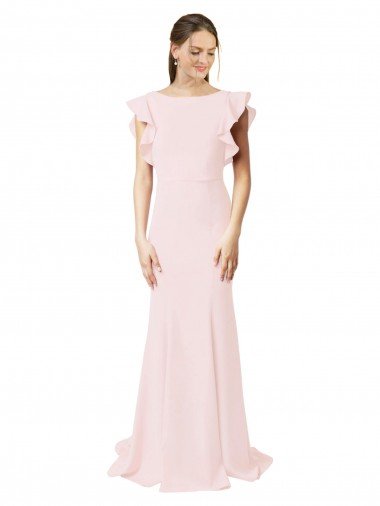 Cheap Low V-Back Long Mermaid Crepe Bridesmaid Dress / Prom Dress with Ruffled Sleeves Sydney