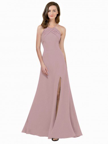 Cheap High Neck Crepe Bridesmaid Dress / Prom Dress with Pleats and Keyhole Back Sydney