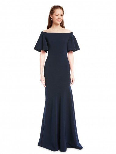 Cheap Off the Shoulder Formal Crepe Bridesmaid Dress / Prom Dress with Short Ruffle Sleeves. Sydney