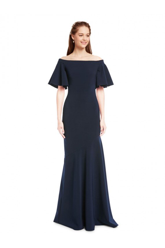 Cheap Off the Shoulder Formal Crepe Bridesmaid Dress / Prom Dress with Short Ruffle Sleeves. Sydney