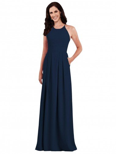 Cheap Criss Cross Back Crepe Halter Bridesmaid Dress with Pockets Sydney