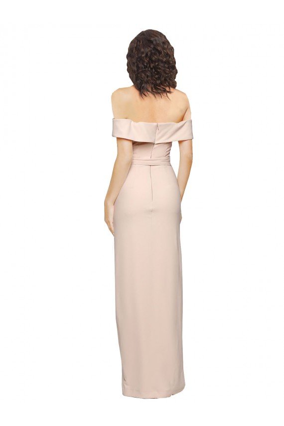 Cheap Off the Shoulder Long Formal Crepe Bridesmaid Dress / Prom Dress with Waist Tie and Slit Sydney