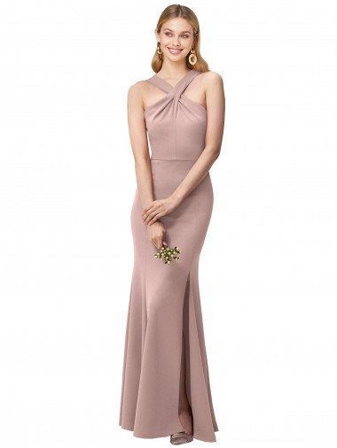 Cheap Long Floor Length High Neck Fit and Flare Stretch Crepe Bridesmaid Dress / Prom Dress with Side Slit Sydney