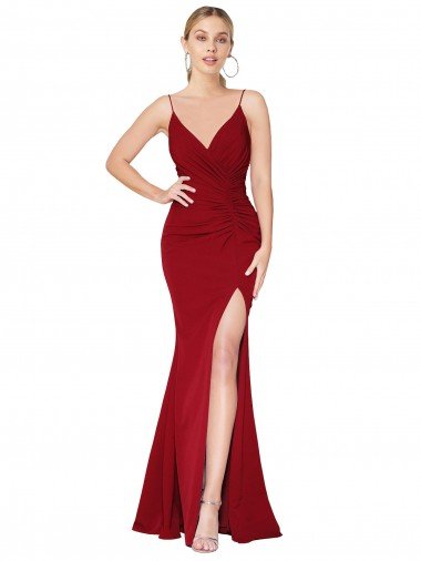 Cheap Spaghetti Straps V-Neck Long Formal Crepe Dress with High Slit Sydney