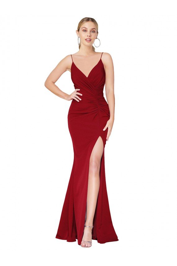 Cheap Spaghetti Straps V-Neck Long Formal Crepe Dress with High Slit Sydney