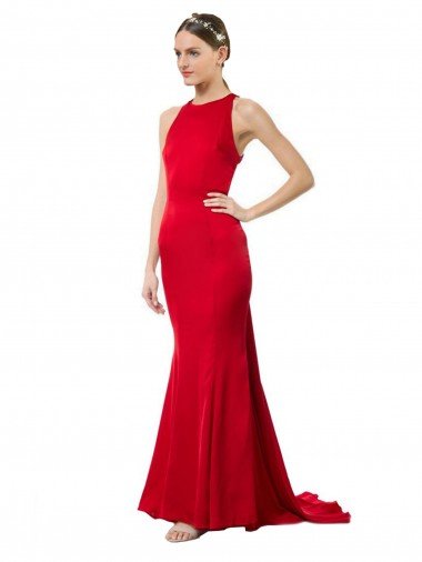 Cheap High Neck Mermaid Open Back Formal Crepe Maxi Bridesmaid Dress / Prom Dress with Train Detail Sydney