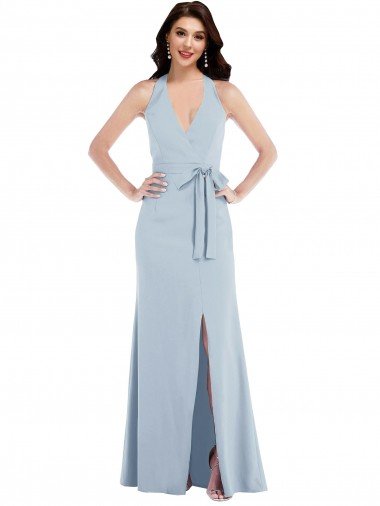 Cheap Open Back Halter Maxi Formal Crepe Bridesmaid Dress / Prom Dress with Draped Bow Sydney