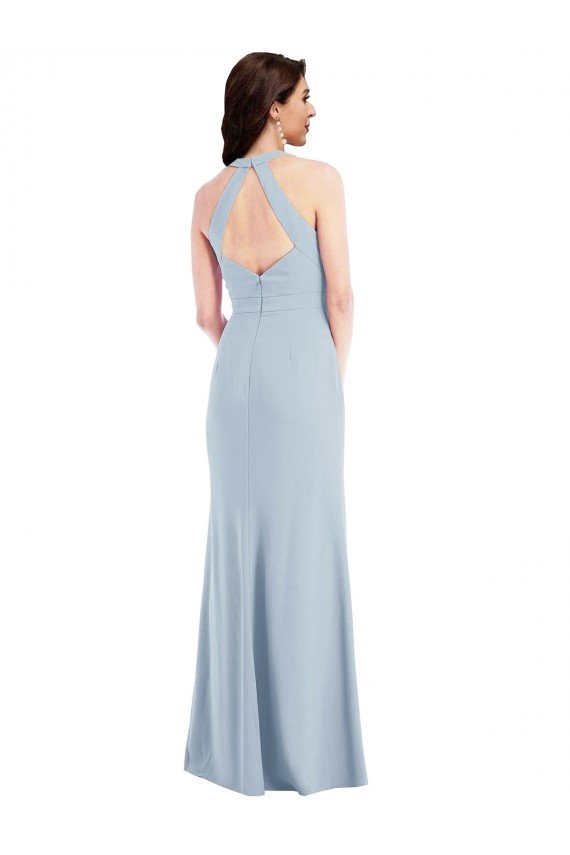 Cheap Open Back Halter Maxi Formal Crepe Bridesmaid Dress / Prom Dress with Draped Bow Sydney