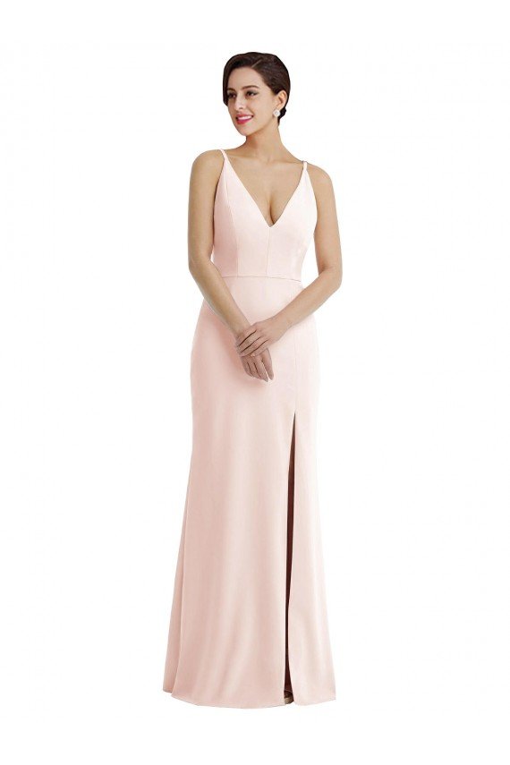 Cheap Skinny Strap Deep V-Neck Trumpet Formal Crepe Bridesmaid Dress / Prom Dress with Front Slit Sydney