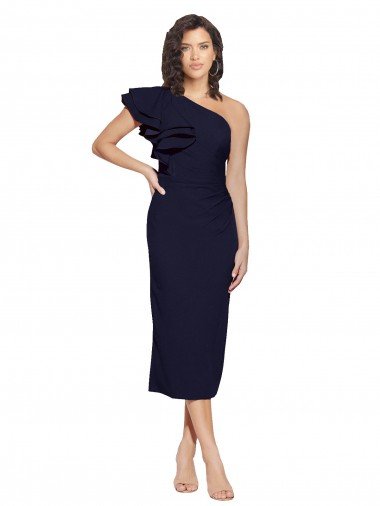 Cheap Ruched Midi Length Short Cocktail Formal Crepe Bridesmaid Dress / Prom Dress with Shoulder Ruffles Sydney