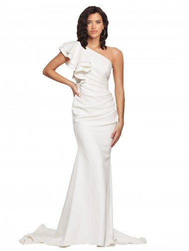 Cheap Ruched Long Sweep Train Crepe Bridesmaid Dress / Prom Dress with Shoulder Ruffles Sydney