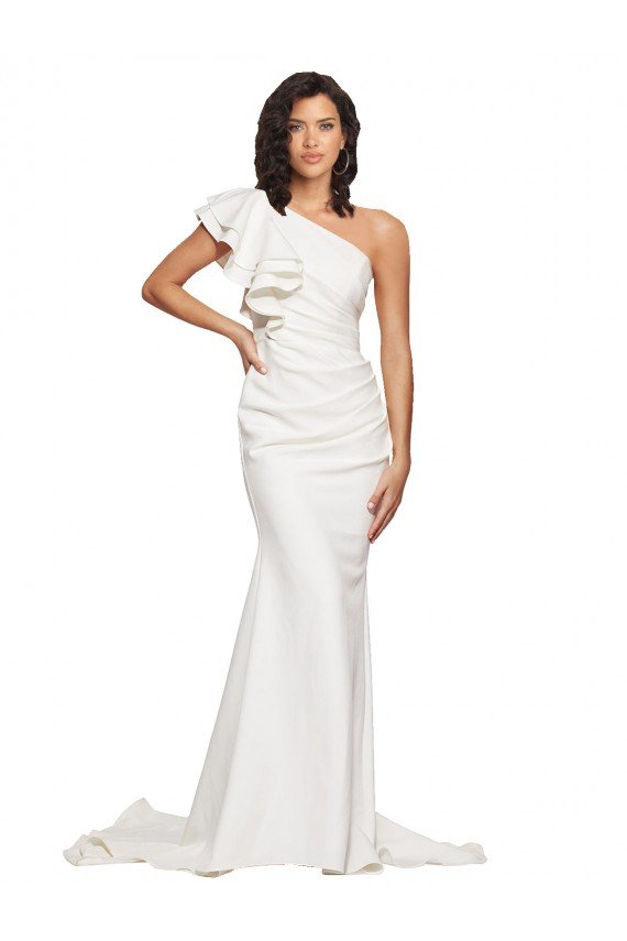 Cheap Ruched Long Sweep Train Crepe Bridesmaid Dress / Prom Dress with Shoulder Ruffles Sydney