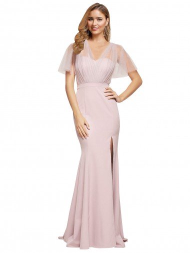 Cheap Crepe Long Sweetheart Neckline Formal Bridesmaid Dress / Prom Dress with Tulle Overlay Shoulders Sydney