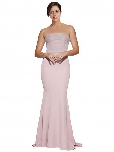 Cheap Straight Neck Long Strapless Formal Crepe Bridesmaid Dress / Prom Dress with Soft Tulle Overlay and Small Train Sydney