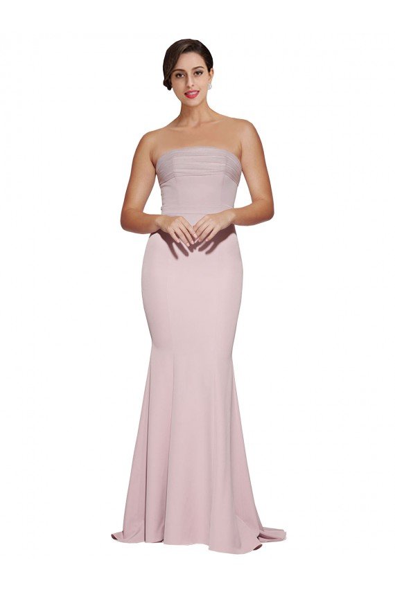 Cheap Straight Neck Long Strapless Formal Crepe Bridesmaid Dress / Prom Dress with Soft Tulle Overlay and Small Train Sydney