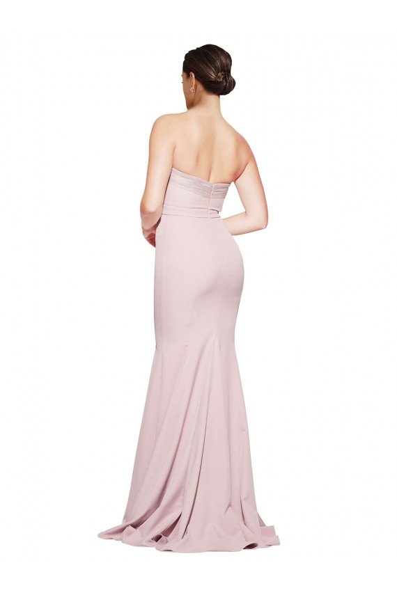 Cheap Straight Neck Long Strapless Formal Crepe Bridesmaid Dress / Prom Dress with Soft Tulle Overlay and Small Train Sydney