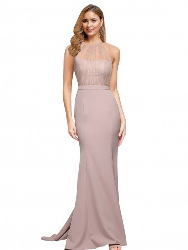 Cheap Long Sweetheart Formal Crepe Bridesmaid Dress / Prom Dress with High Neck Illusion Tulle Details Sydney