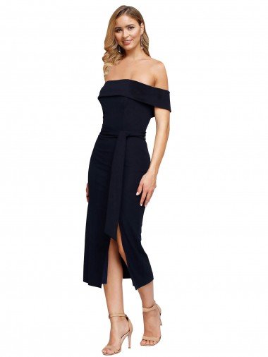 Cheap Fitted Short Cocktail Midi Length Off the Shoulder Formal Crepe Bridesmaid Dress / Prom Dress with Side Split and Waist Tie Sydney