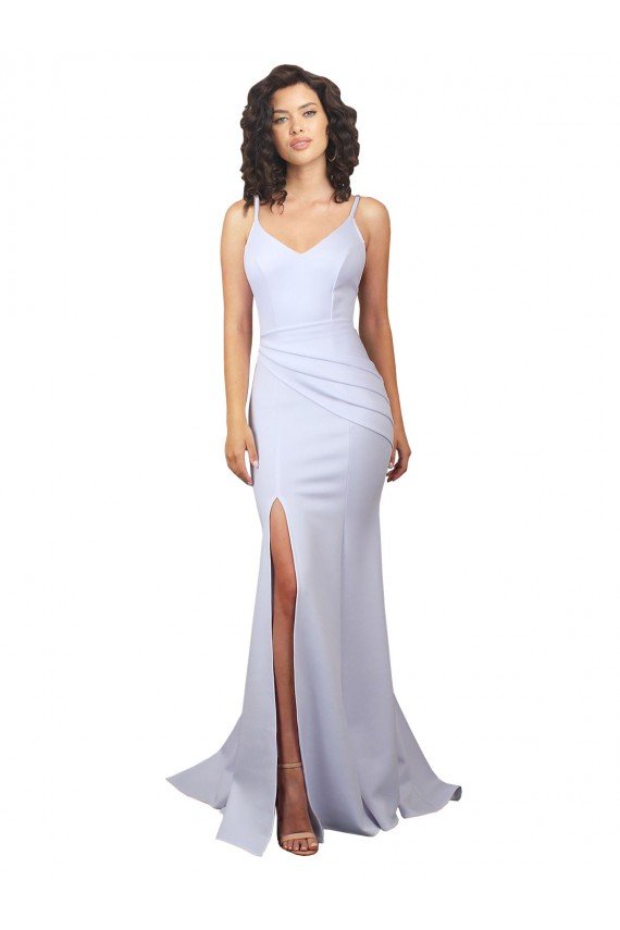 Cheap Simple Mermaid V-Neck Long Crepe Beach Wedding Dress with Right Slit Sydney