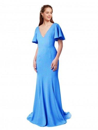 Cheap Short Sleeves Long V-Neck Crepe Bridesmaid Dress / Prom Dress with V-Back Sydney
