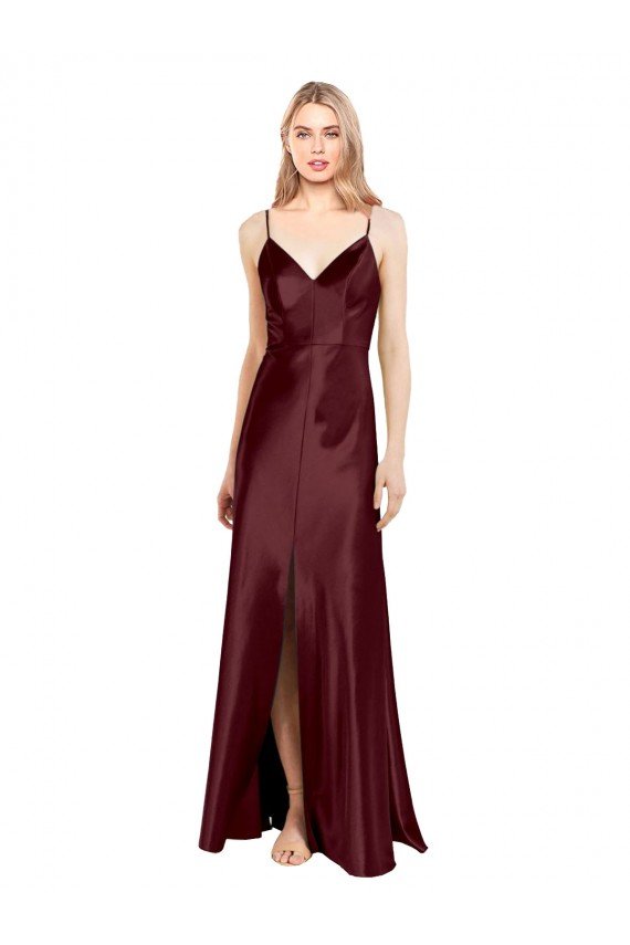 Cheap Sleek Spaghetti Straps V-Neck Formal Stretch Satin Bridesmaid Dress / Prom Dress with Center Front Slit Sydney