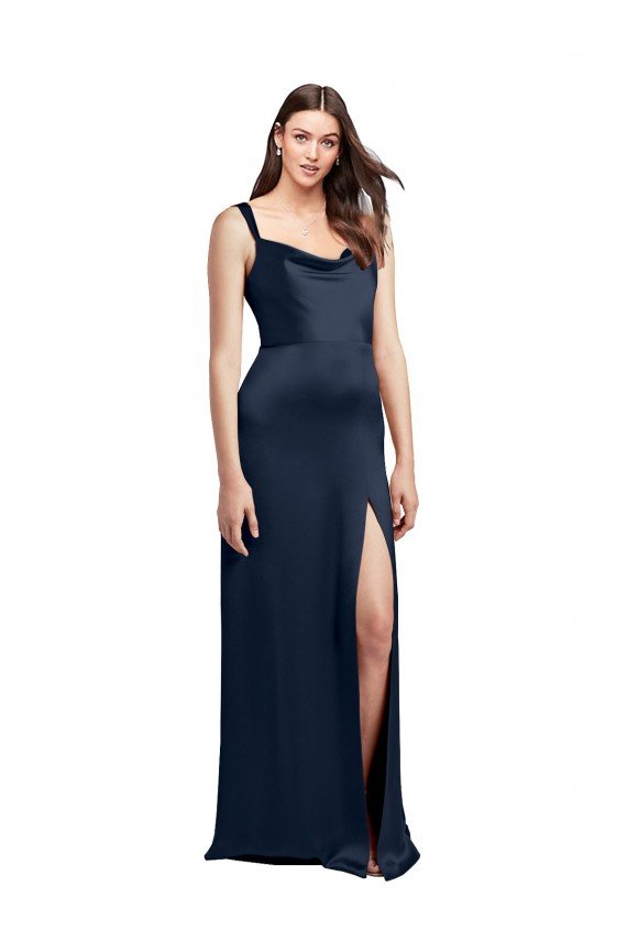 Cheap Cowl Neck Soft Long Formal Stretch Satin Bridesmaid Dress / Prom Dress with Side Slit and Pleated Straps Sydney