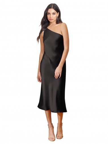 Cheap Sleek One Shoulder Midi Length Short Cocktail Formal Stretch Satin Slip Bridesmaid Dress / Prom Dress Sydney
