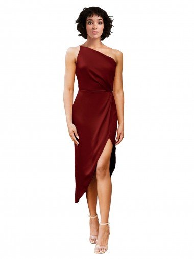 Cheap One Shoulder Cocktail Midi Length Short Formal Stretch Satin Wrap Style Bridesmaid Dress / Prom Dress Sydney