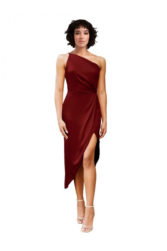Cheap One Shoulder Cocktail Midi Length Short Formal Stretch Satin Wrap Style Bridesmaid Dress / Prom Dress Sydney