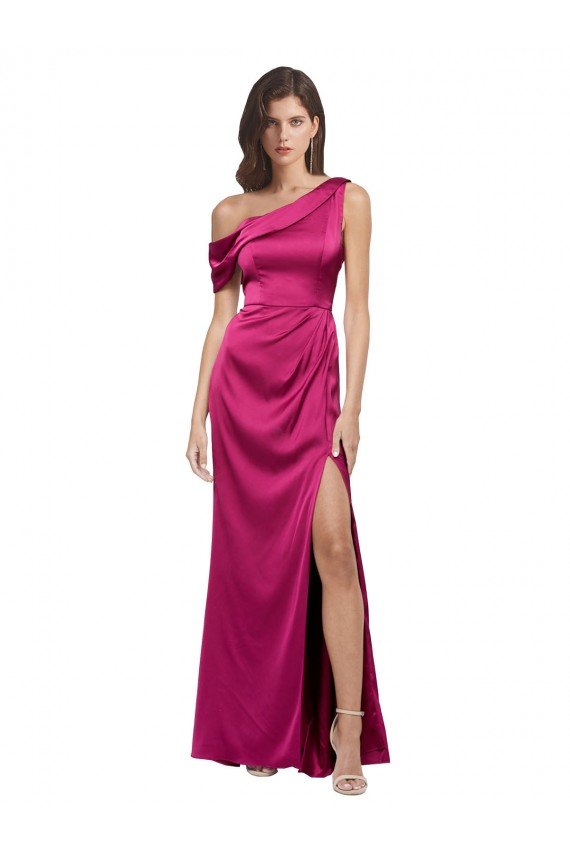 Cheap Off the Shoulder Short Sleeves Formal Stretch Satin Bridesmaid Dress / Prom Dress with Side Slit Sydney