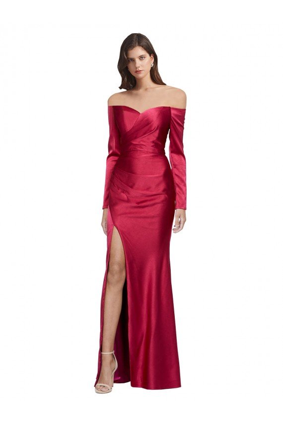 Cheap Long Sleeves Off the Shoulder Formal Stretch Satin Bridesmaid Dress / Prom Dress with High Side Split Sydney