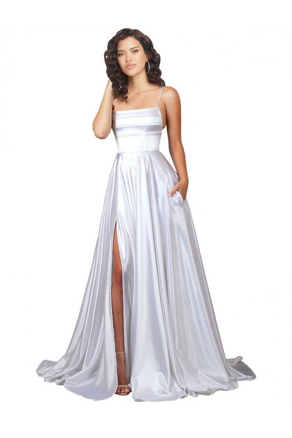 Cheap Simple A-Line Corset Style Pleated Long Stretch Satin Beach Wedding Dress with High Slit Sydney