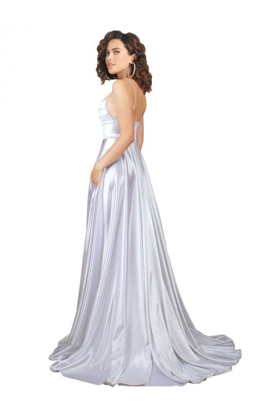 Cheap Simple A-Line Corset Style Pleated Long Stretch Satin Beach Wedding Dress with High Slit Sydney