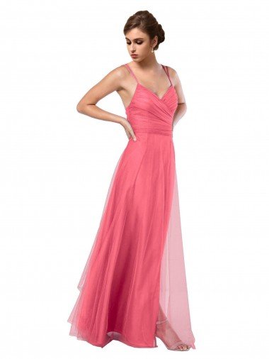 Cheap Flowy A-Line Tulle Bridesmaid Dress with Double Straps and V-Neck Sydney