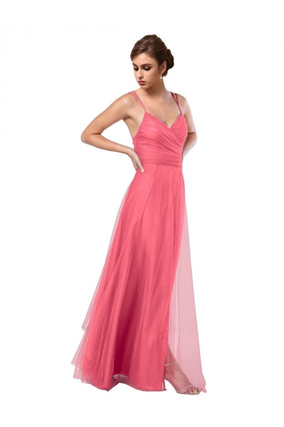 Cheap Flowy A-Line Tulle Bridesmaid Dress with Double Straps and V-Neck Sydney
