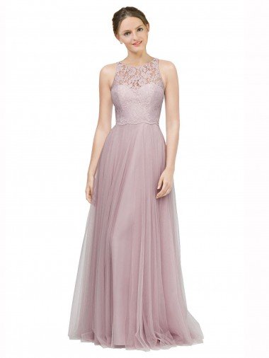 Cheap High Neck Long Tulle Bridesmaid Dress with Lace Bodice Sydney