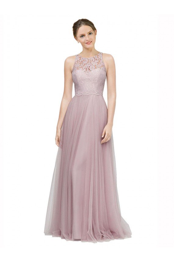 Cheap High Neck Long Tulle Bridesmaid Dress with Lace Bodice Sydney
