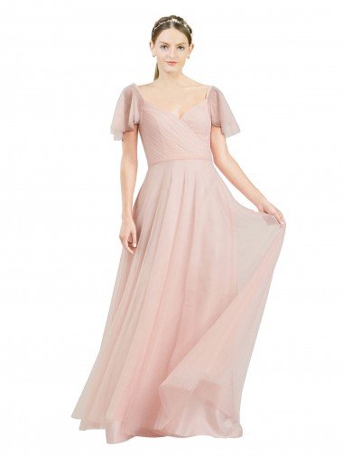 Cheap Long V-Neck Flutter Sleeves Tulle Bridesmaid Dress Sydney