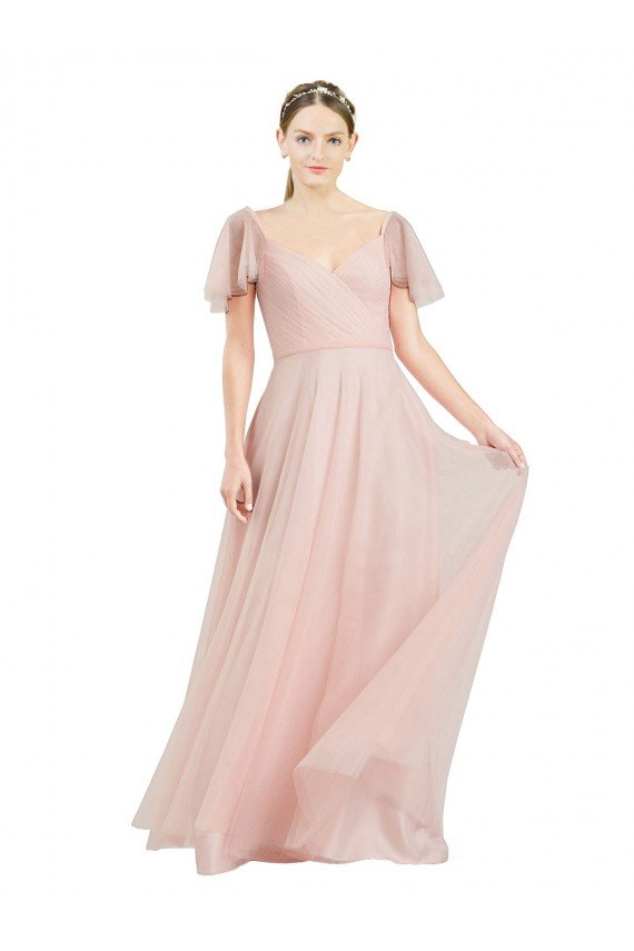 Cheap Long V-Neck Flutter Sleeves Tulle Bridesmaid Dress Sydney